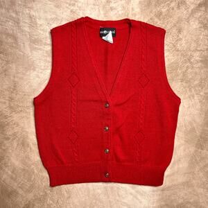 Vintage 90s Sag Harbor Sweater Vest Red Diamond Crochet Cable Knit Sleeveless